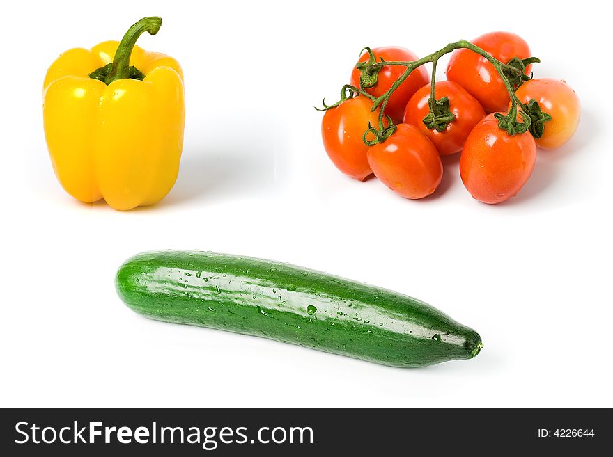 Pepper tomato and cucumber isolated on white background