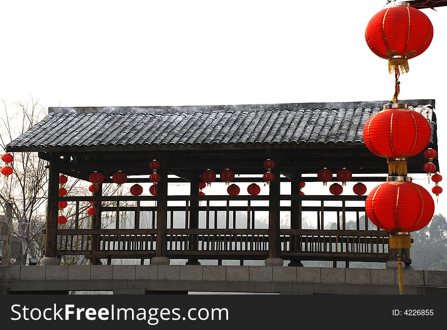 Laterns decorated wood pavilion during the festival in a south-eastern chineses watery town. Laterns decorated wood pavilion during the festival in a south-eastern chineses watery town.