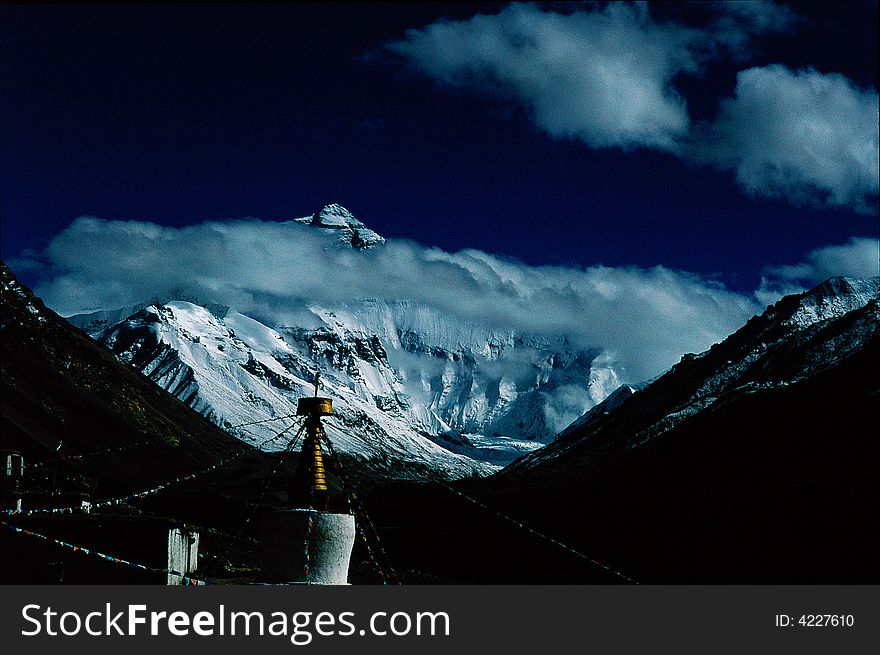 Look the everest from the RongBu temple with the tower. Look the everest from the RongBu temple with the tower