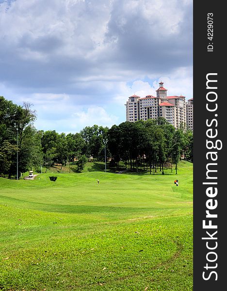 A view of a golf course in summer. A view of a golf course in summer