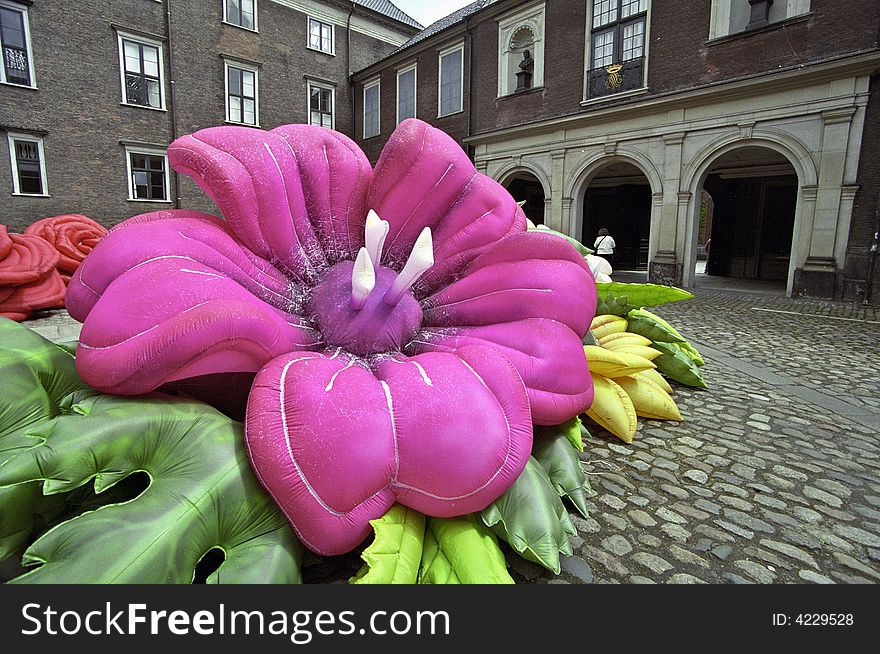 Plastic flowers blowed up with air on an open air exhibition, Copenhagen