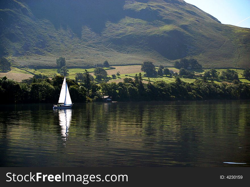 Sailboat on Ullswater in the Lake District in Cumbria (England)