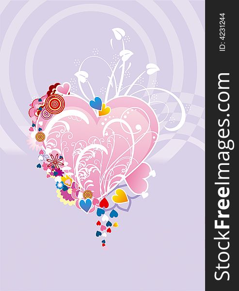 Valentine's card with heart, flowers and swirls