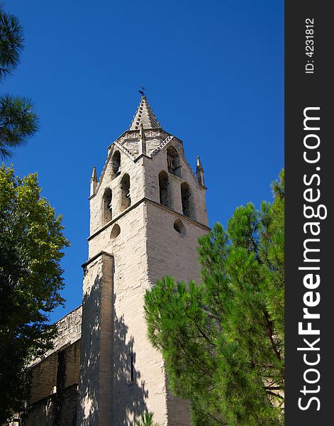 Medieval walls of Pops palace in trees and blue sky. Vertical view. Avignon,  France, EU.