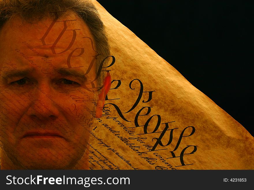 Man S Portrait Superimposed Over US Constitution