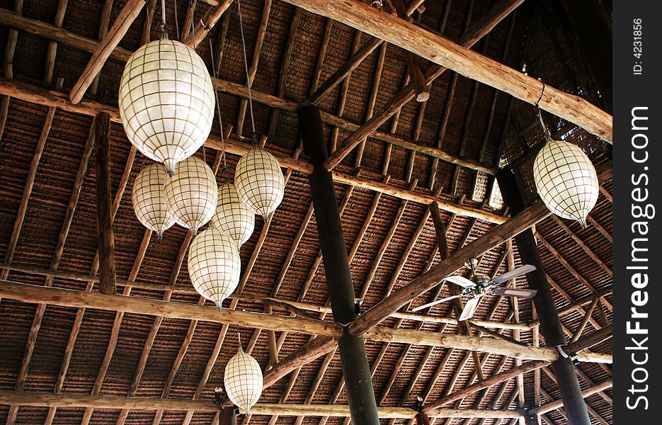 Asian style lights hanging from a ceiling - home interiors.