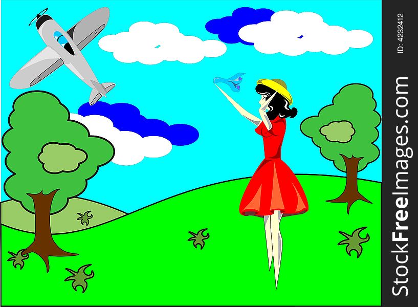 The girl and the plane in clouds