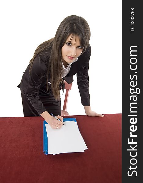 White pretty business woman posing in studio