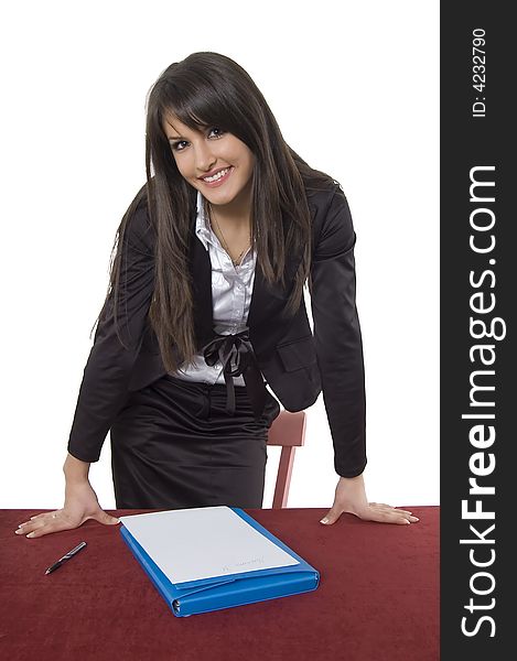 White pretty business woman posing in studio