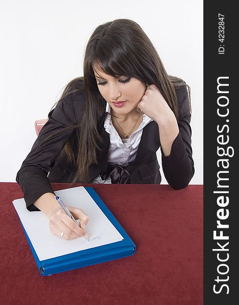 White pretty business woman posing in studio