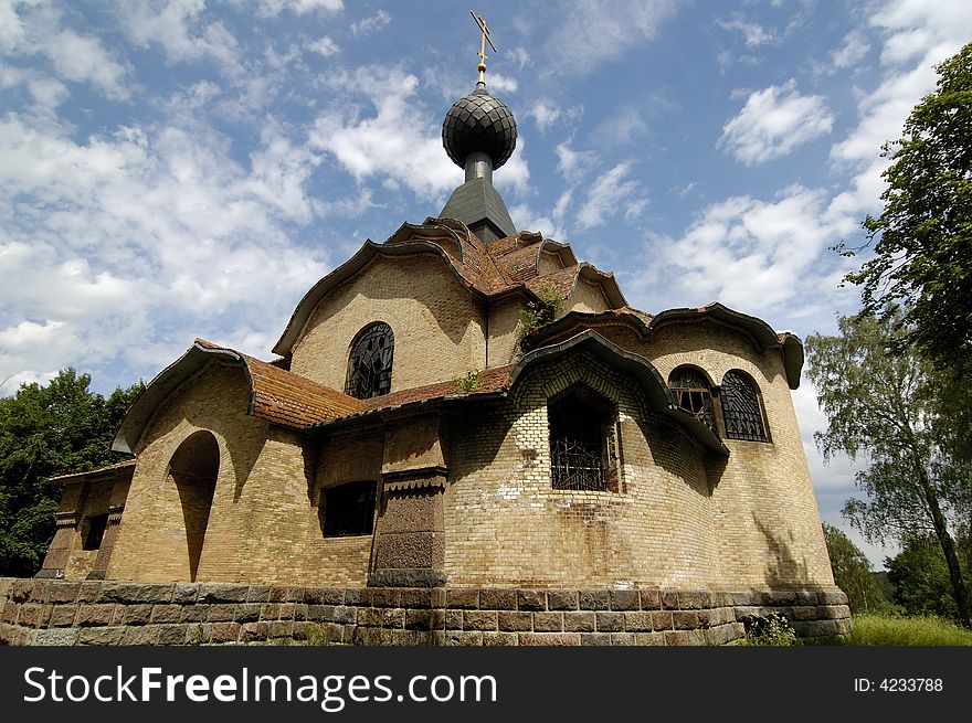 Rerih`s Spas Nerukotvornyi cathedral in Flyonovo, old russian village-museum. Smolensk, Russia.