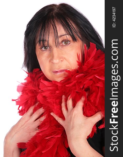 Woman in red feather shawl on white