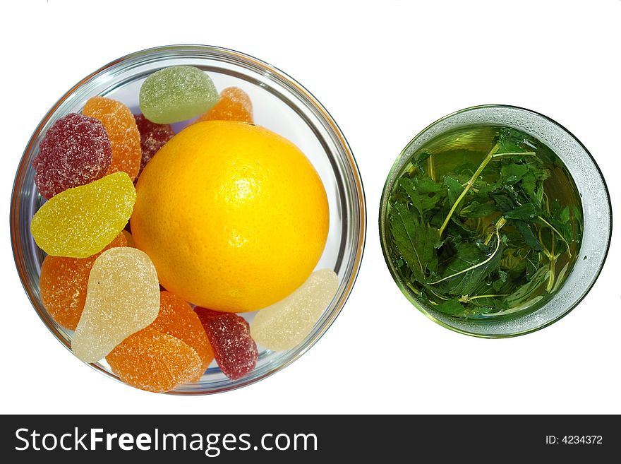 Herbal  mint tea and  fruit candy