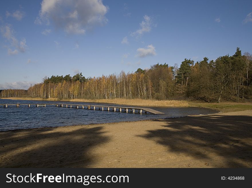 Landscape blue sky and lake in fall Poland