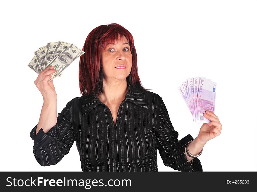 Woman holds dollars and euro on white