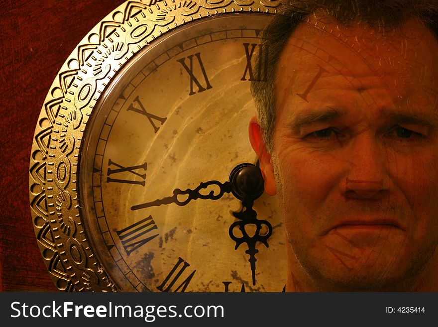 Man's face with sad expression superimposed on a clock face. Man's face with sad expression superimposed on a clock face