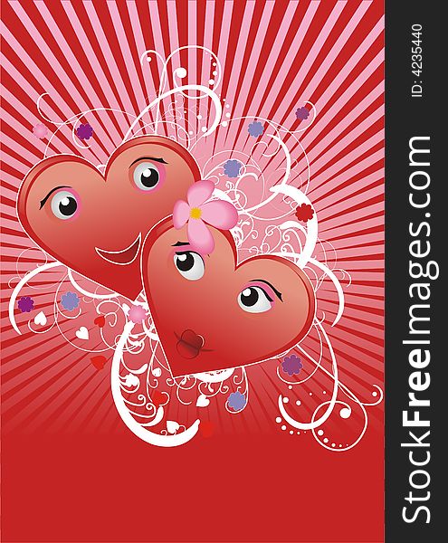 Valentine card with cartoon hearts, flowers and swirls. Valentine card with cartoon hearts, flowers and swirls