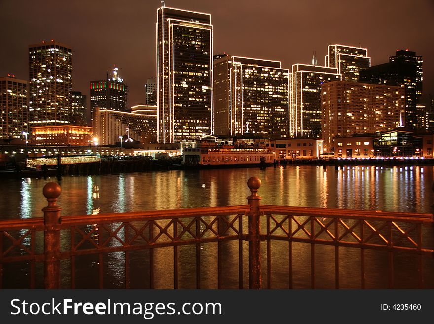 San Francisco Pier 7 Skyline Vista at Night. San Francisco Pier 7 Skyline Vista at Night