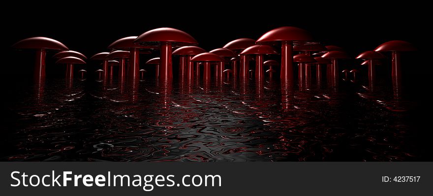 A matalic mushroom cluster on liquid surface in dark, red caps. A matalic mushroom cluster on liquid surface in dark, red caps