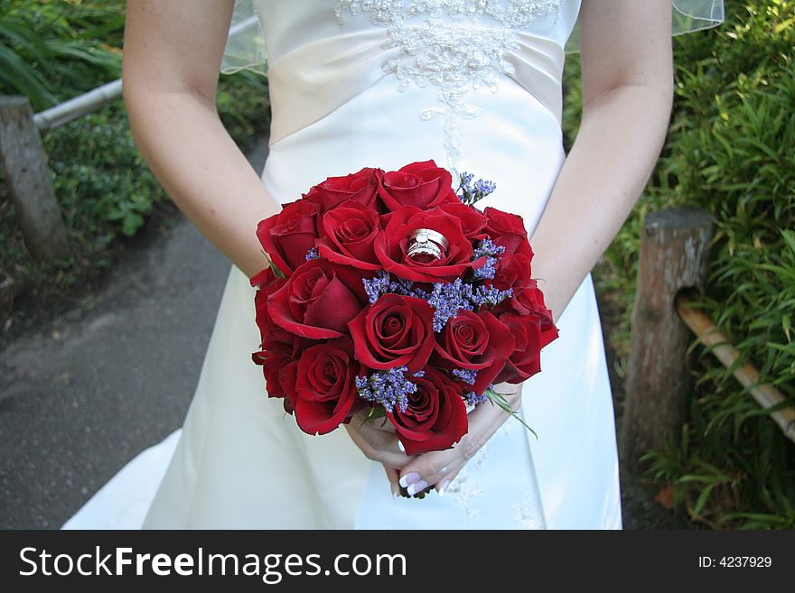 Bride holds her bouquet of red roses. Focus on flowers. Bride holds her bouquet of red roses. Focus on flowers.