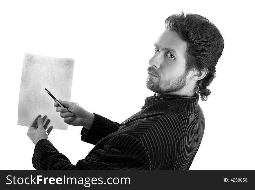 A bearded businessman gives papers for signature. A bearded businessman gives papers for signature