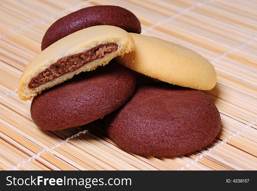 Butter cookies with chocolate  on  background