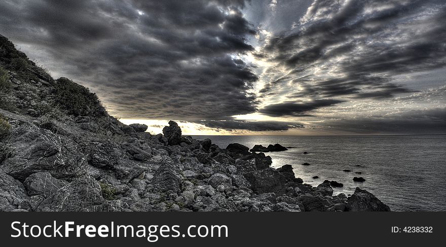 Dawn; rising; Yalta; morning; clouds; the sky; Sun; the sea; a panorama