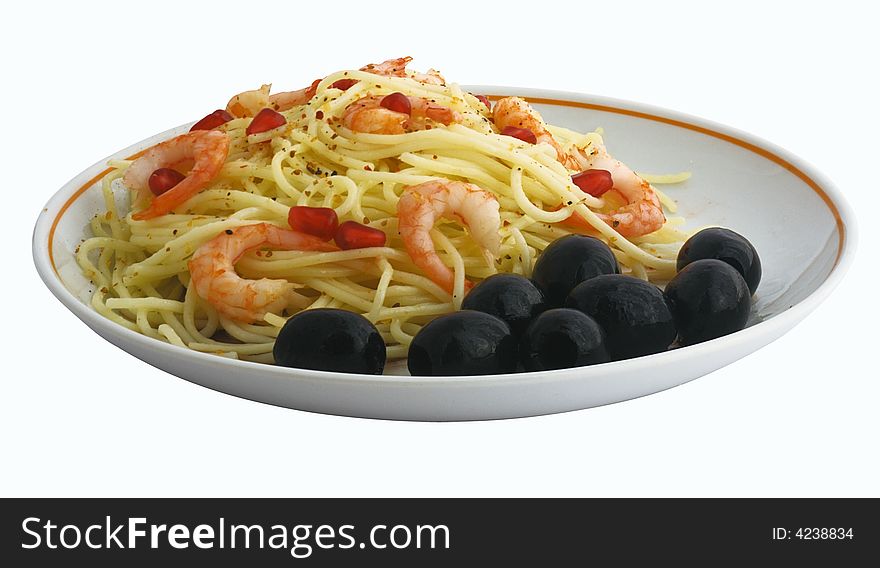 Close-up spaghetti and shrimp and olives isolated