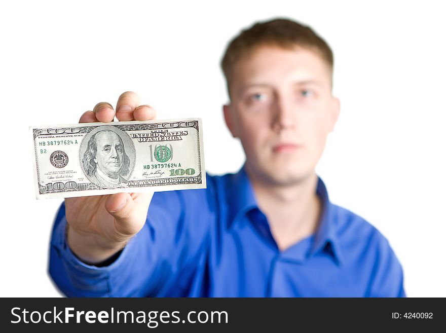 Serious man hold one hundred dollars in a hand. Isolated white. Serious man hold one hundred dollars in a hand. Isolated white.