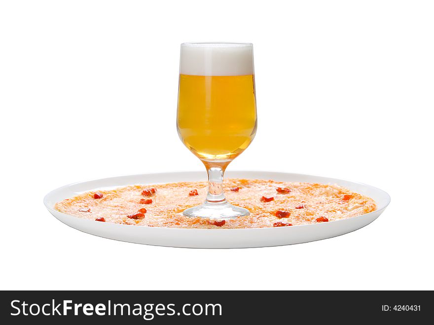 Pizza on plate, beer in goblet, white background, isolated. Pizza on plate, beer in goblet, white background, isolated