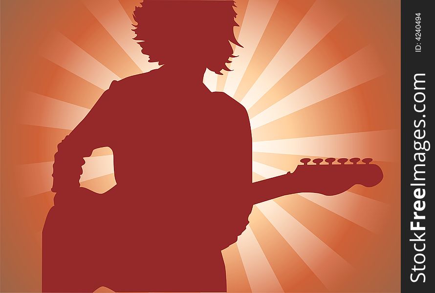 Silhouette of the guitarist on a red background. Silhouette of the guitarist on a red background