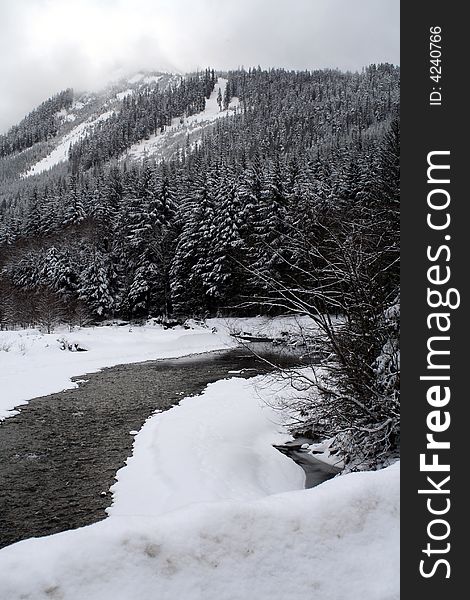 A stream flowing through snow covered mountains. A stream flowing through snow covered mountains.