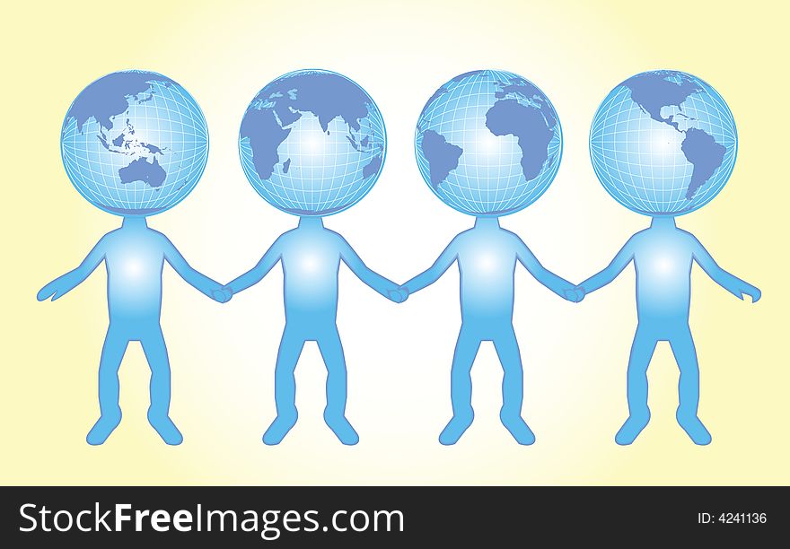 World peace vector illustration of characters representing different parts of the world holding hands to symbolize peace