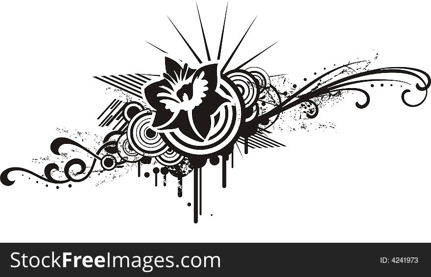 Black and white floral design with grunge details, vector illustration series. Black and white floral design with grunge details, vector illustration series.