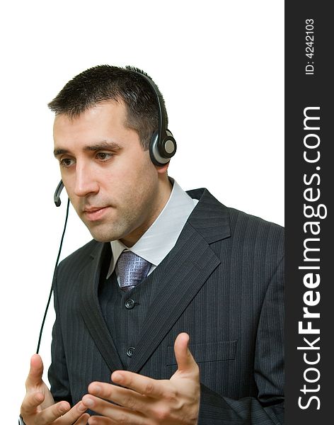 Man having a conversation via headset. Man having a conversation via headset