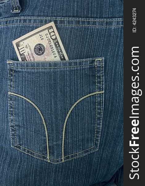 Dollars in a jeans pocket. Dollars in a jeans pocket