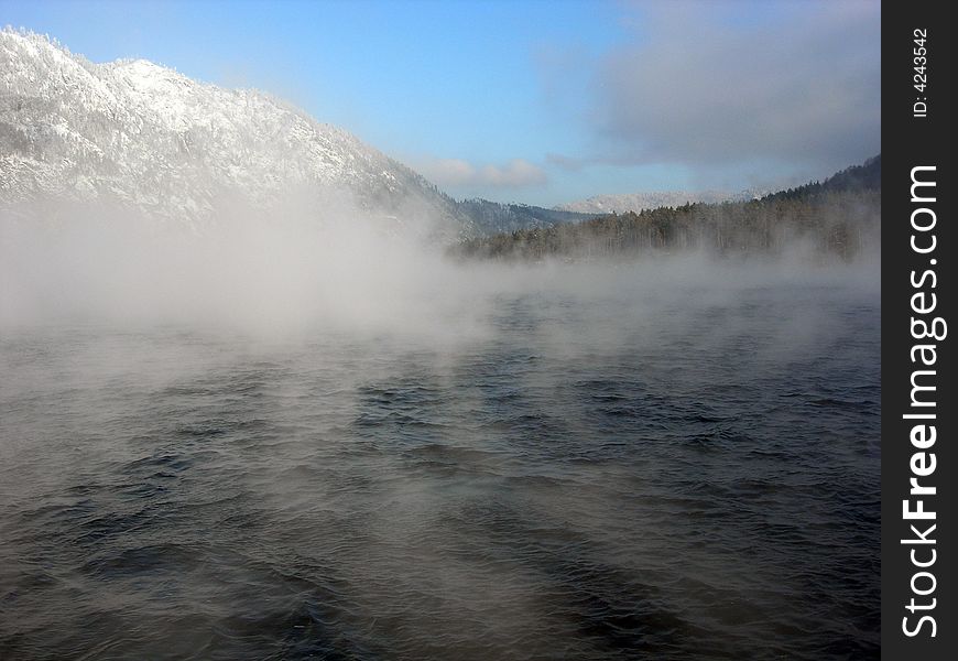 Fog on a mountain river