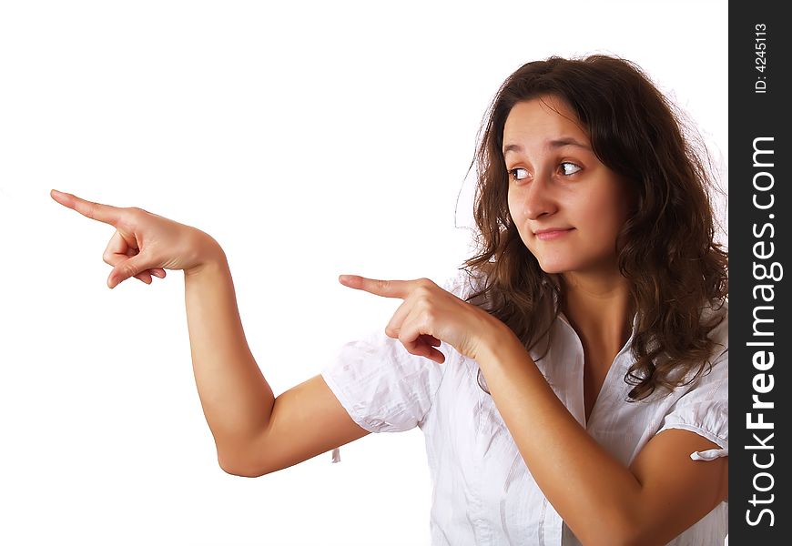 Young woman pointing at something. Young woman pointing at something