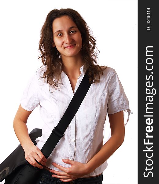 Young woman wearing a laptop bag and smiling. Young woman wearing a laptop bag and smiling