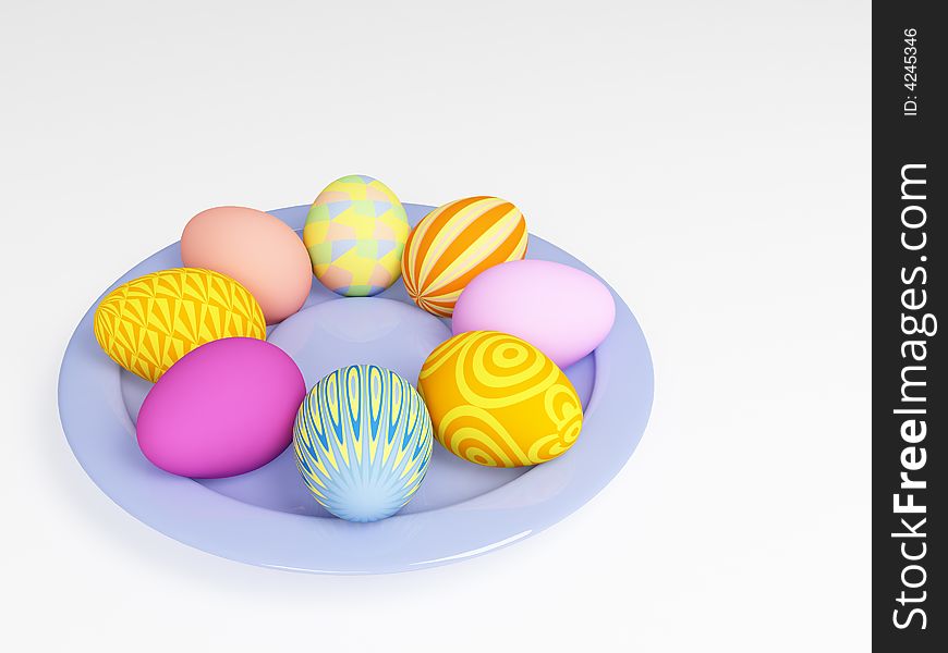 3d easter eggs in a plate, painted in different colors