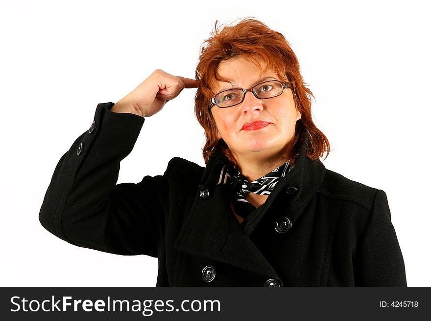 Mature businesswoman is having idea over white background. Mature businesswoman is having idea over white background