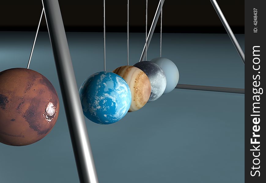 Newton's cradle with five planets. Newton's cradle with five planets