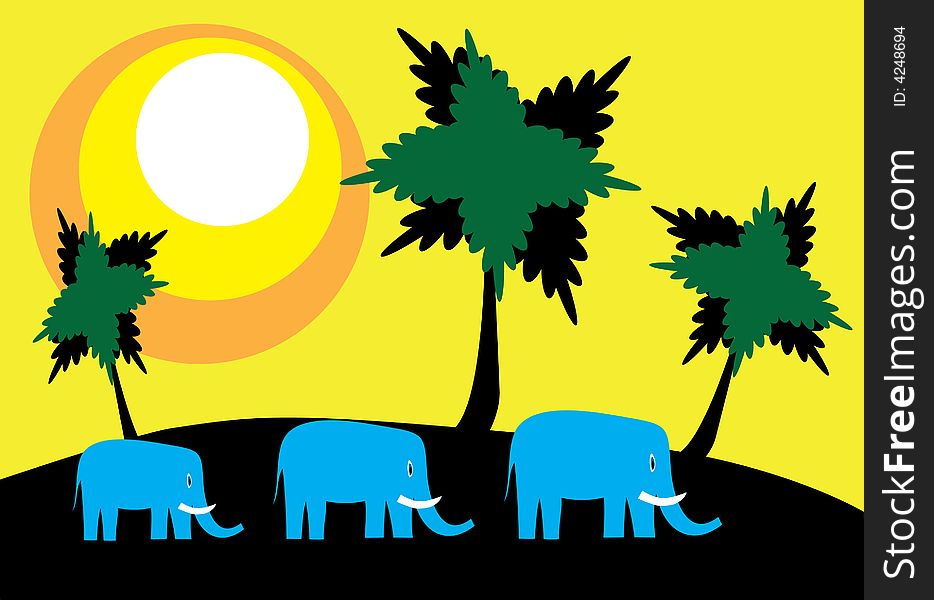 Three blue elephants on a yellow background