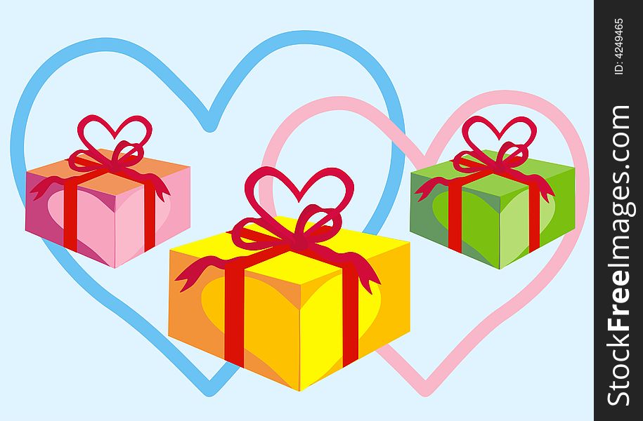 Boxes with gifts with a bow in the form of heart