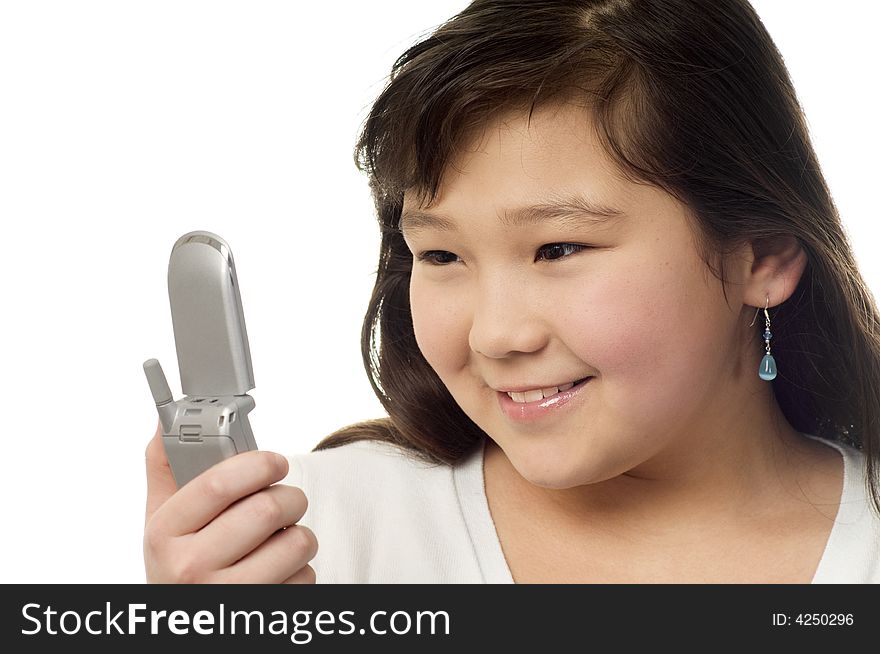 Girl with phone,isolated on a white background. Girl with phone,isolated on a white background.