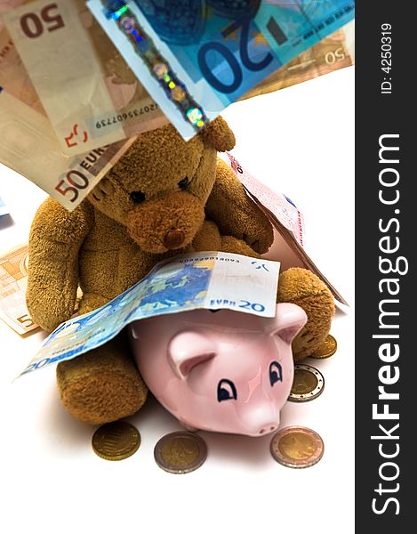 Teddy bear being showered with Euro bank notes. Teddy bear being showered with Euro bank notes.
