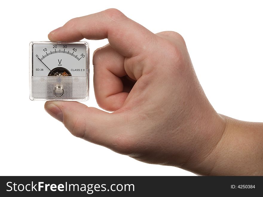 Man's hand holds a voltmeter. Isolated on white [with clipping path]. Man's hand holds a voltmeter. Isolated on white [with clipping path].