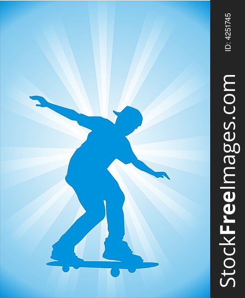 The young man on a skateboard on a blue background