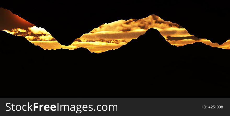 An panoramic image of a cave opening looking out towards a sky.