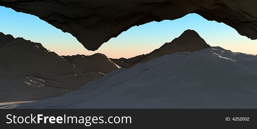 An panoramic image of a cave opening looking out towards a sky. An panoramic image of a cave opening looking out towards a sky.